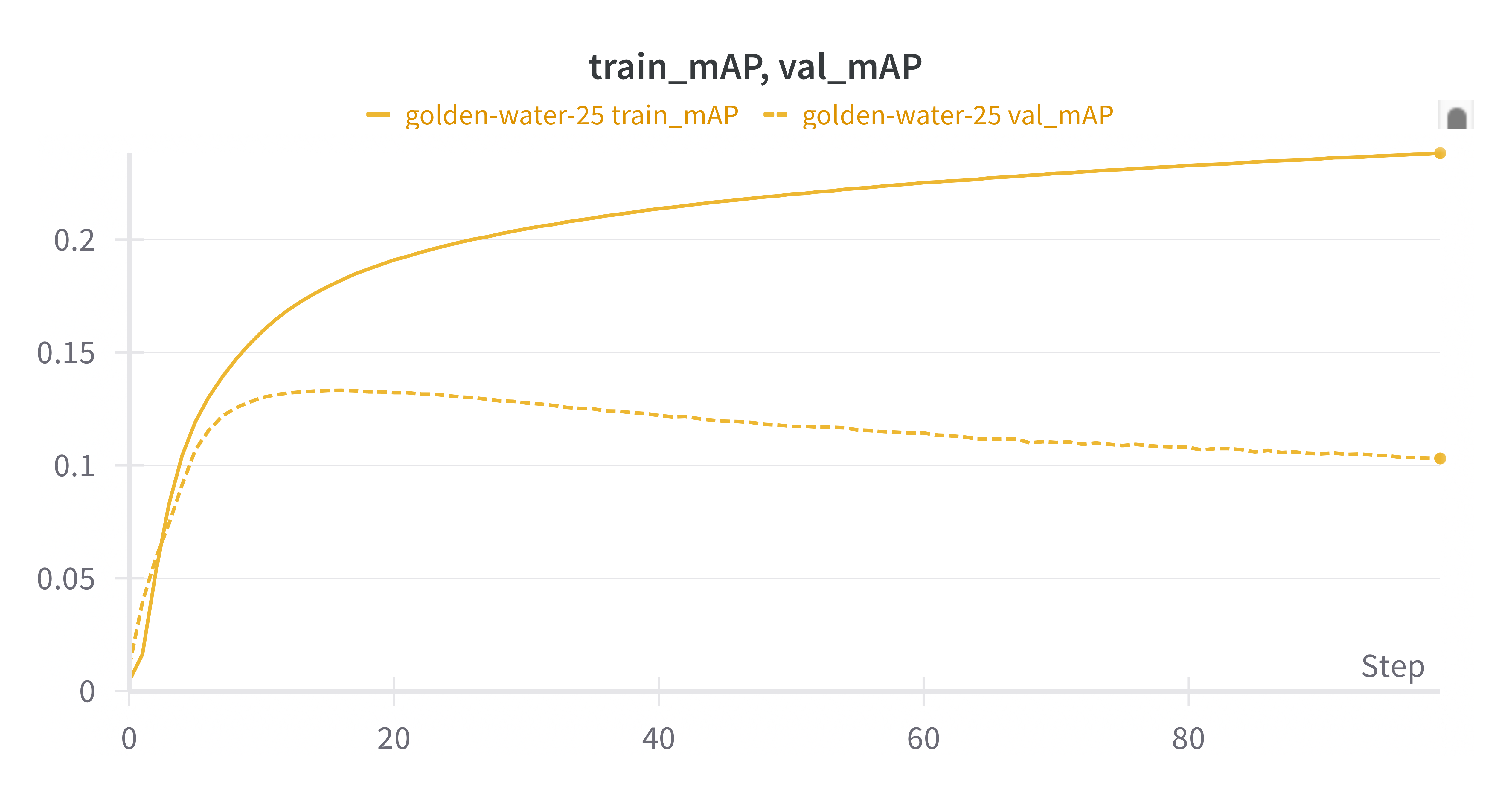 train mAP over 0.2, val mAP peaking at 0.14 then dropping